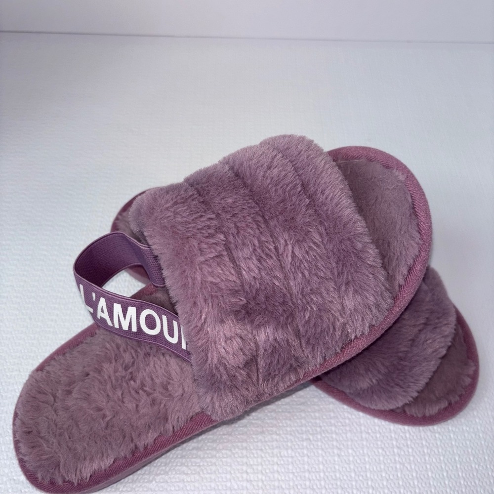 Womens‎ Purple Fuzzy Plush L'Amour Open Toe Slide Slippers